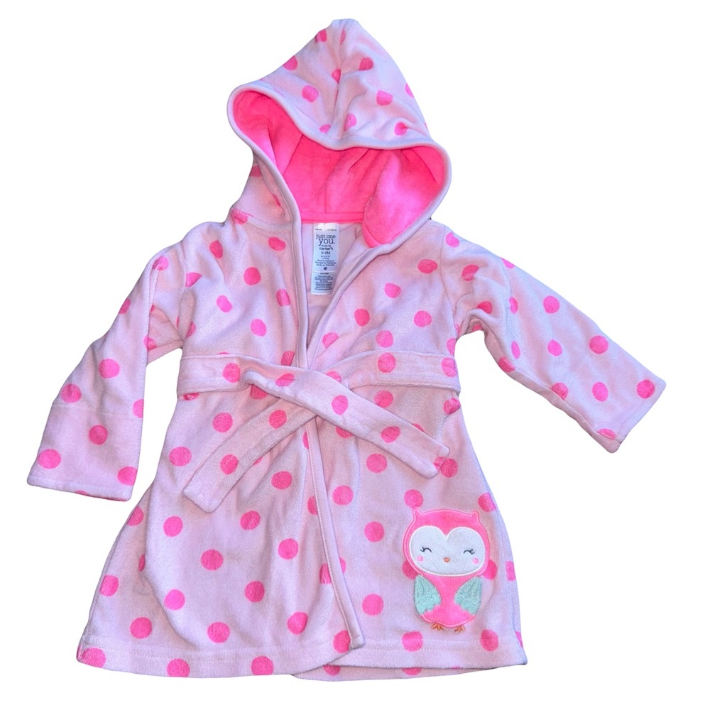 Just One You Girls Pink Polkadot Terrycloth Belted Hooded Robe W/ Owl Size 0-9M